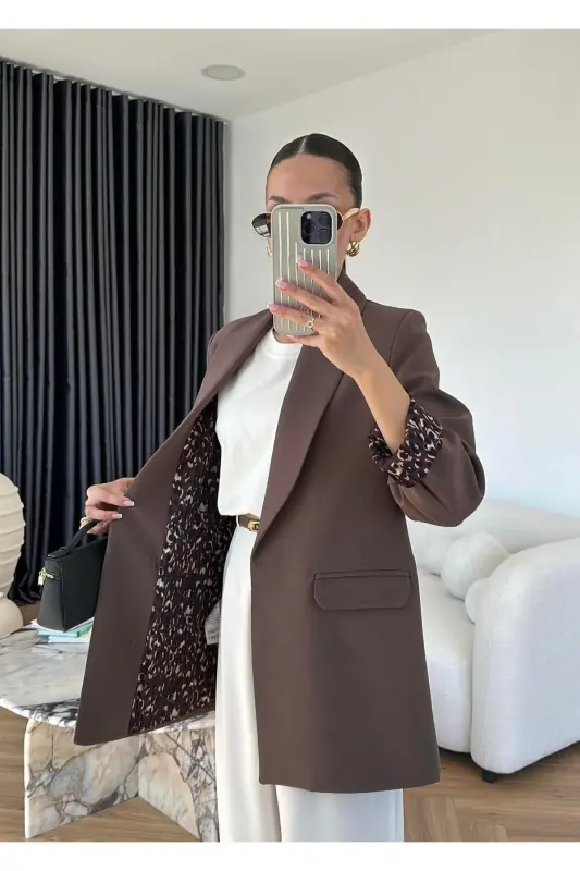 Kadın Leopar Desenli Astarlı Blazer Ceket-Kahverengi - 2