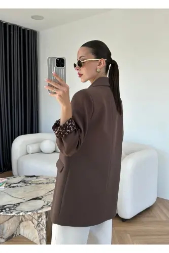 Kadın Leopar Desenli Astarlı Blazer Ceket-Kahverengi - 3