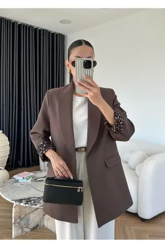 Kadın Leopar Desenli Astarlı Blazer Ceket-Kahverengi 