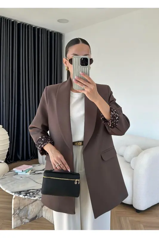 Kadın Leopar Desenli Astarlı Blazer Ceket - Kahverengi - LADY PIXIE