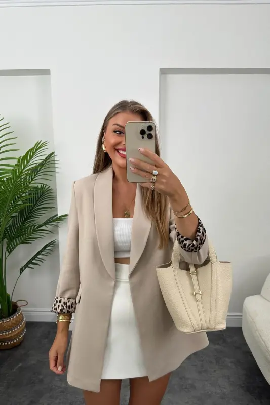 Kadın Leopar Desenli Astarlı Blazer Ceket - krem - LADY PIXIE