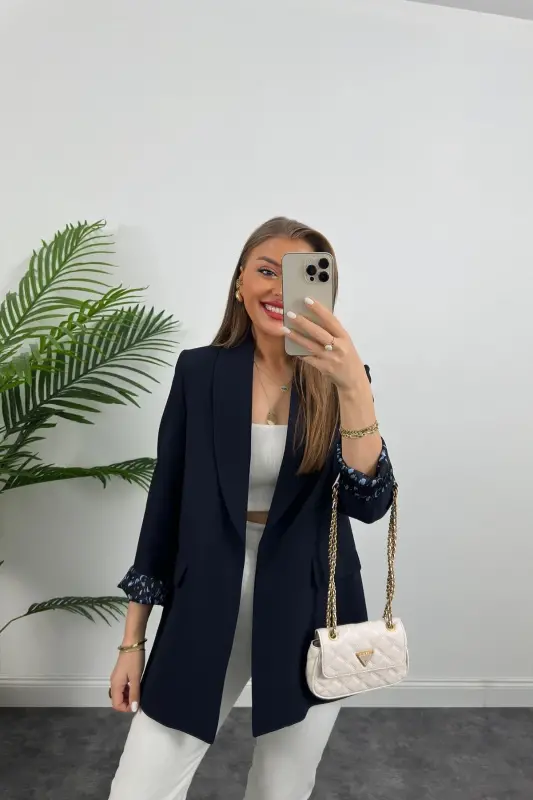 Kadın Leopar Desenli Astarlı Blazer Ceket-Lacivert - LADY PIXIE