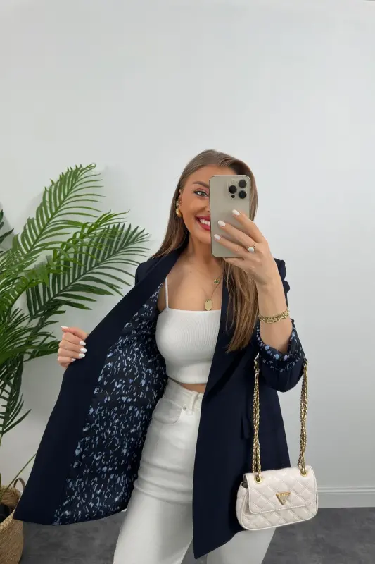 Kadın Leopar Desenli Astarlı Blazer Ceket-Lacivert - 2