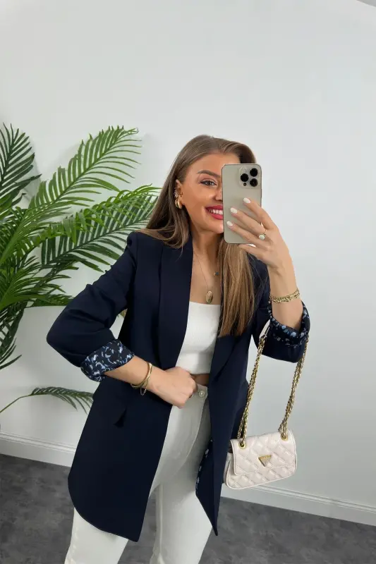 Kadın Leopar Desenli Astarlı Blazer Ceket-Lacivert - 3