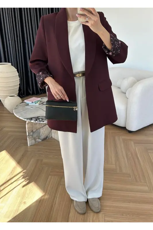 Kadın Leopar Desenli Astarlı Blazer Ceket-Mürdüm - 4