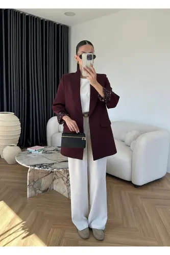 Kadın Leopar Desenli Astarlı Blazer Ceket-Mürdüm - 5