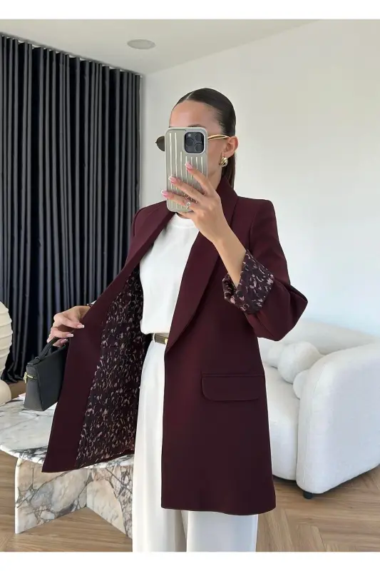 Kadın Leopar Desenli Astarlı Blazer Ceket-Mürdüm - 2