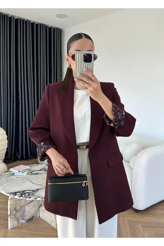 Kadın Leopar Desenli Astarlı Blazer Ceket-Mürdüm - LADY PIXIE