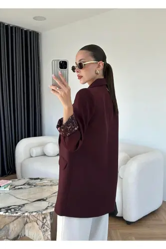 Kadın Leopar Desenli Astarlı Blazer Ceket-Mürdüm - 3