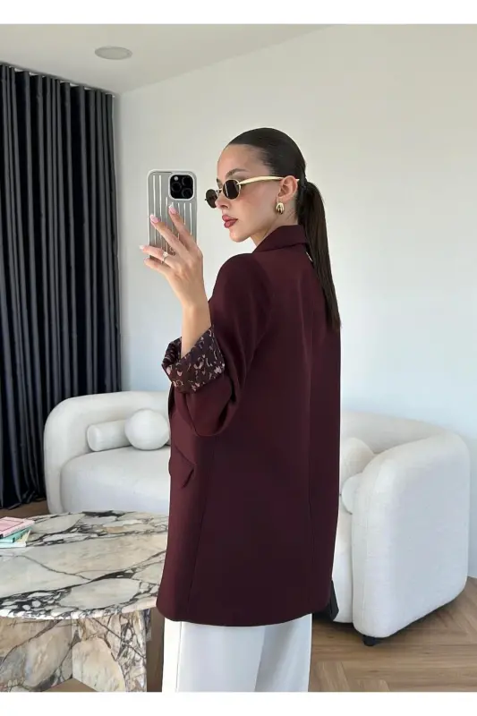 Kadın Leopar Desenli Astarlı Blazer Ceket-Mürdüm - 3