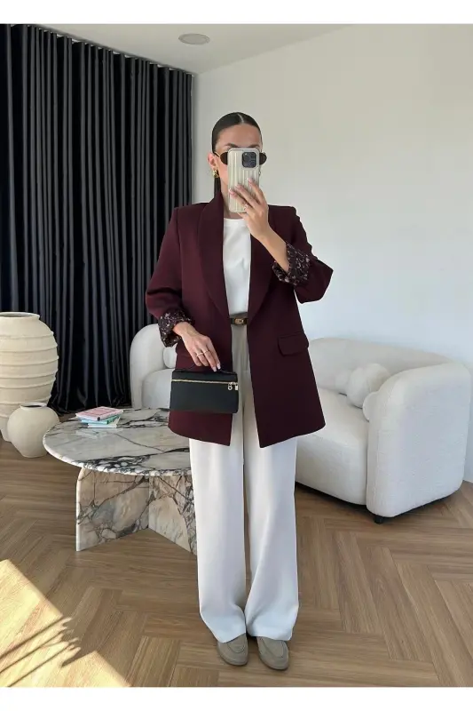 Kadın Leopar Desenli Astarlı Blazer Ceket-Mürdüm - 5