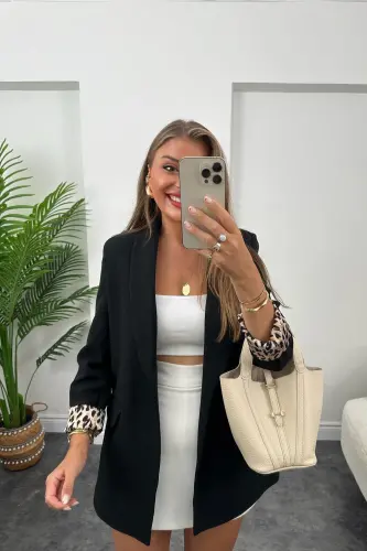 Kadın Leopar Desenli Astarlı Blazer Ceket - siyah 