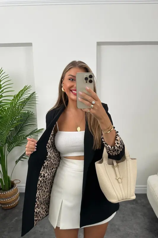 Kadın Leopar Desenli Astarlı Blazer Ceket-siyah - 2