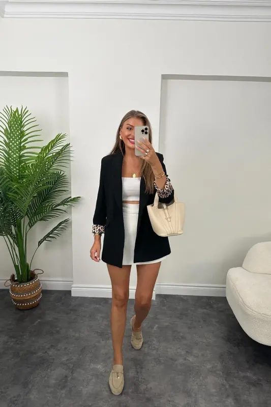 Kadın Leopar Desenli Astarlı Blazer Ceket-siyah - 5