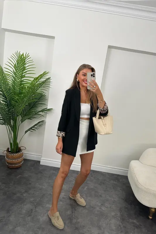 Kadın Leopar Desenli Astarlı Blazer Ceket-siyah - 6