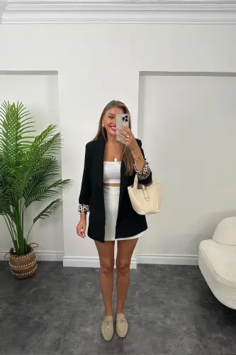 Kadın Leopar Desenli Astarlı Blazer Ceket-siyah - 7