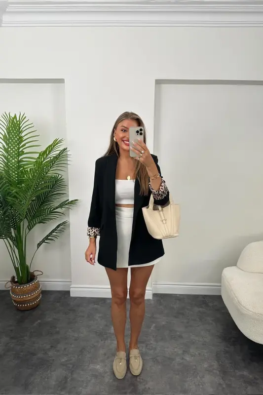 Kadın Leopar Desenli Astarlı Blazer Ceket-siyah - 7