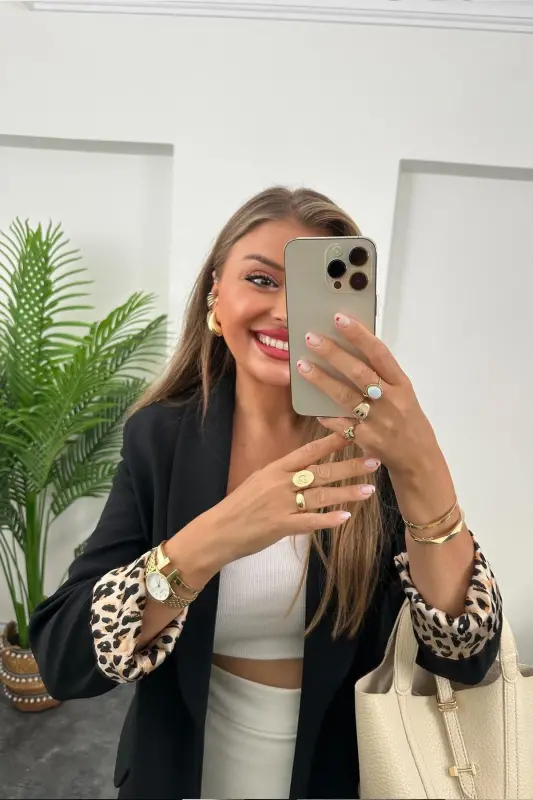 Kadın Leopar Desenli Astarlı Blazer Ceket-siyah - 8