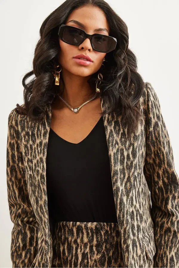 Kadın Leopar Taş Fleto Cepli Astarlı Kaşe Blazer Ceket CKT-19000403-Leopar Taş - 7
