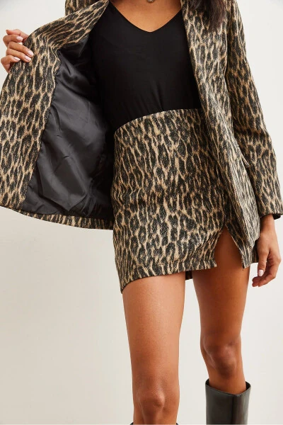 Kadın Leopar Taş Fleto Cepli Astarlı Kaşe Blazer Ceket CKT-19000403-Leopar Taş - 8