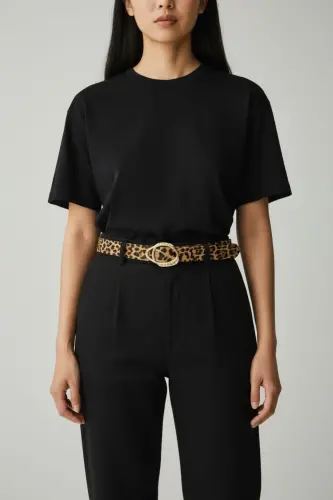 Kadın Leopar Detaylı Gold Tokalı kemer-LEOPAR - 1