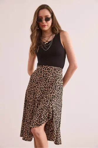 Kadın Leopar Camel Fırfırlı Fitilli Dökümlü Etek ETK-19000312-Leopar Camel - 3