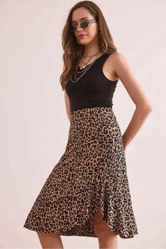 Kadın Leopar Camel Fırfırlı Fitilli Dökümlü Etek ETK-19000312-Leopar Camel - 4