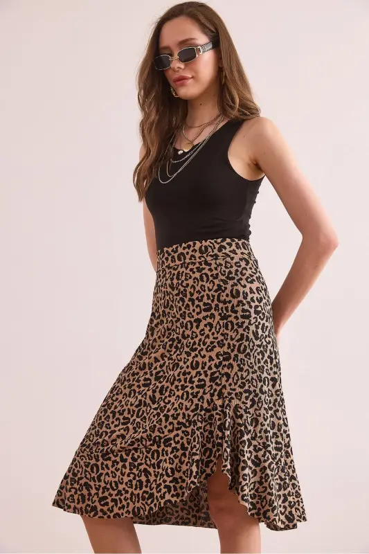Kadın Leopar Camel Fırfırlı Fitilli Dökümlü Etek ETK-19000312-Leopar Camel - 4