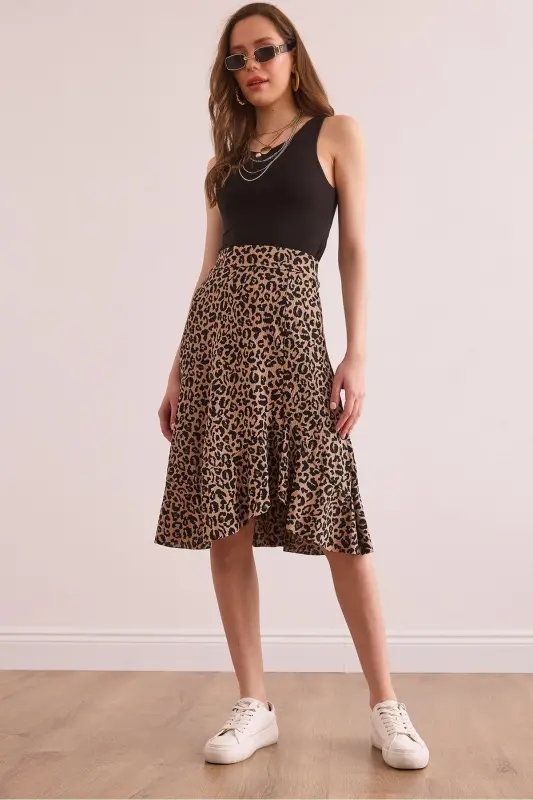 Kadın Leopar Camel Fırfırlı Fitilli Dökümlü Etek ETK-19000312-Leopar Camel - 7