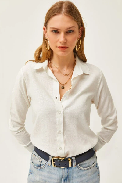 Kadın Leopar Ekru Jakarlı Saten Detaylı Dokuma Gömlek GML-19001173-Leopar Ekru - Modazone