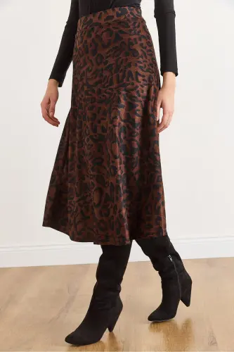Kadın Leopar Kahve Beli Lastikli Süet Dokulu Çan Etek ETK-19000141 - Leopar Kahve - 6