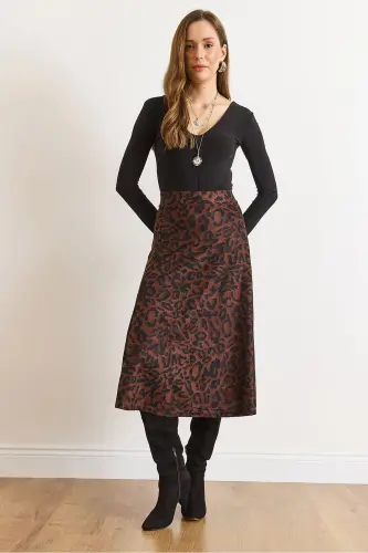 Kadın Leopar Kahve Beli Lastikli Süet Dokulu Çan Etek ETK-19000141-Leopar Kahve - 1