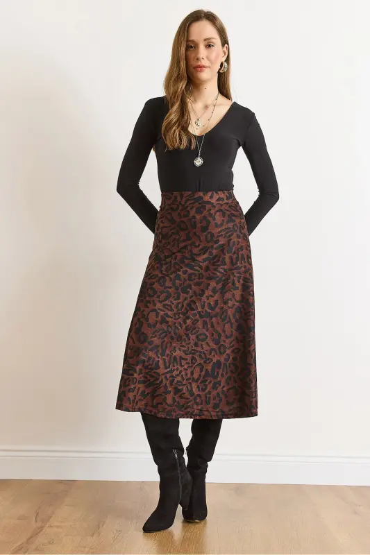 Kadın Leopar Kahve Beli Lastikli Süet Dokulu Çan Etek ETK-19000141-Leopar Kahve - OLALOOK