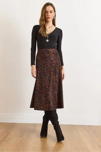 Kadın Leopar Kahve Beli Lastikli Süet Dokulu Çan Etek ETK-19000141-Leopar Kahve - 2