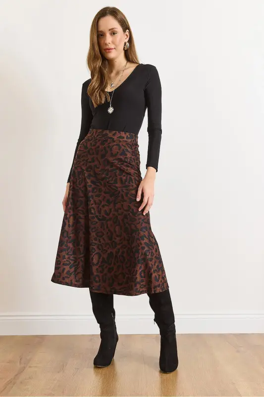 Kadın Leopar Kahve Beli Lastikli Süet Dokulu Çan Etek ETK-19000141-Leopar Kahve - 3