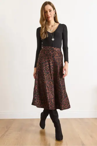 Kadın Leopar Kahve Beli Lastikli Süet Dokulu Çan Etek ETK-19000141-Leopar Kahve - 4