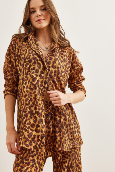 Kadın Leopar Kahve Üst Gömlek Alt Pantolon Kalın Bürümcük Takım TKM-19000309 - Leopar Kahve - 5