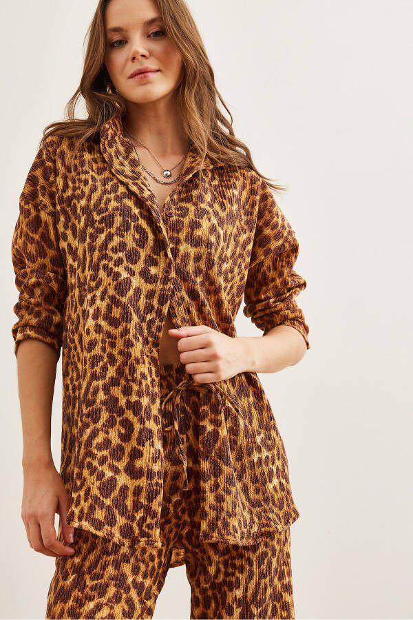 Kadın Leopar Kahve Üst Gömlek Alt Pantolon Kalın Bürümcük Takım TKM-19000309 - Leopar Kahve - 5