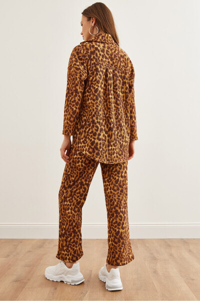 Kadın Leopar Kahve Üst Gömlek Alt Pantolon Kalın Bürümcük Takım TKM-19000309 - Leopar Kahve - 6