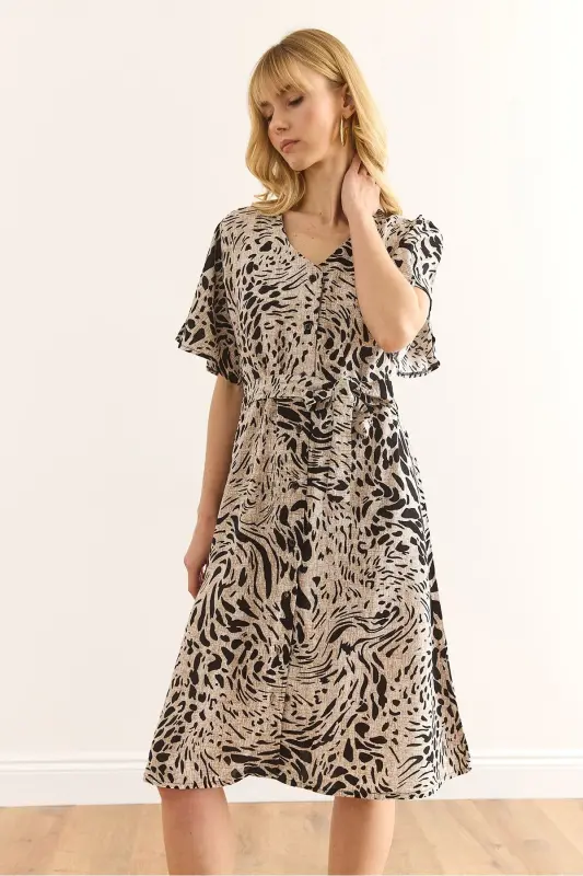 Kadın Leopar Siyah V Yaka Kuşaklı Dokuma Mini Gömlek Elbise ELB-19002380-Leopar Siyah - 3