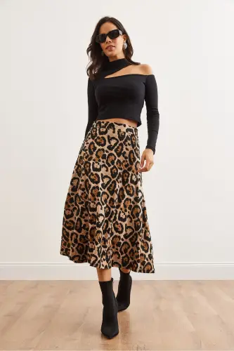 Kadın Leopar Taş Beli Lastikli Süet Dokulu Çan Etek ETK-19000141 - Leopar Taş - 3
