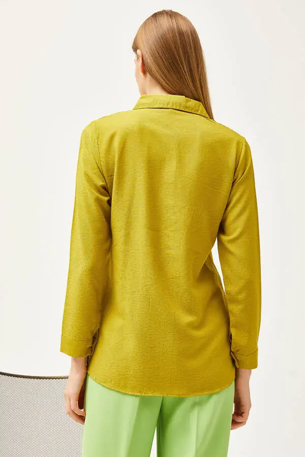 Kadın Leopar Yağ Yeşili Jakarlı Saten Detaylı Dokuma Gömlek GML-19001173-Leopar Yağ Yeşili - 2