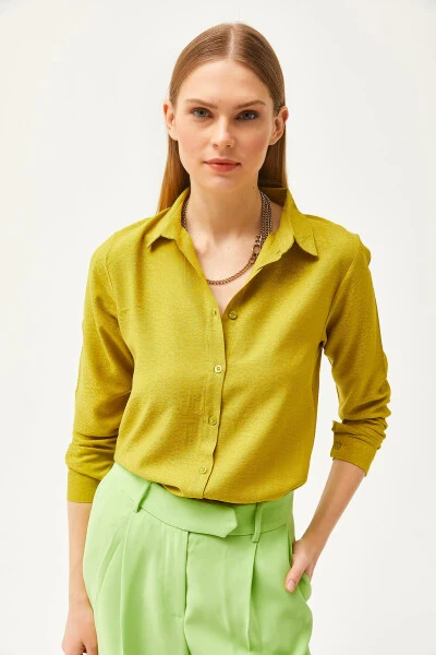 Kadın Leopar Yağ Yeşili Jakarlı Saten Detaylı Dokuma Gömlek GML-19001173-Leopar Yağ Yeşili - 3