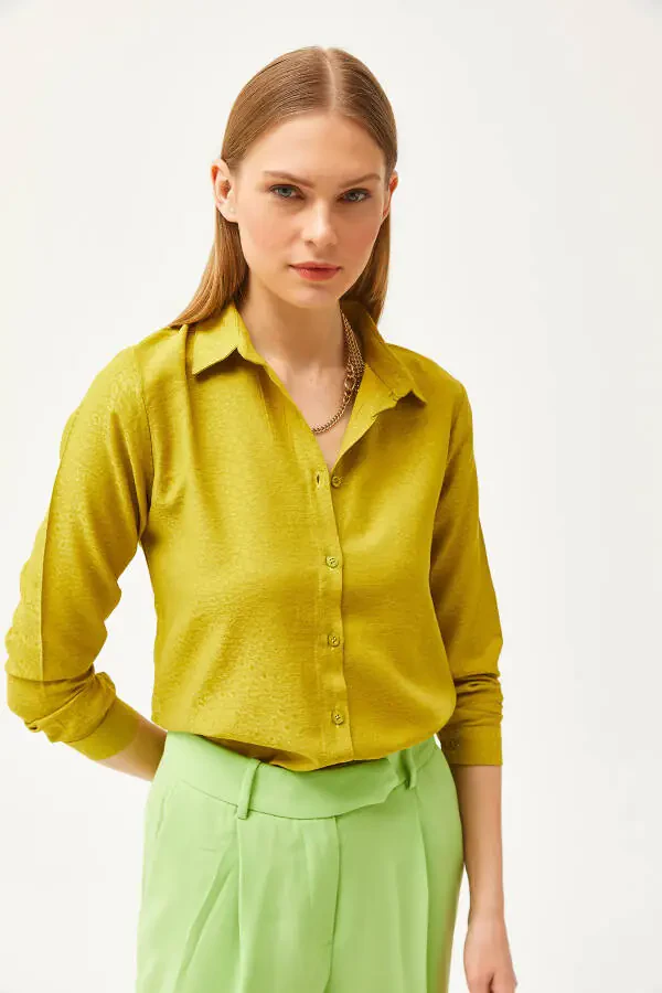 Kadın Leopar Yağ Yeşili Jakarlı Saten Detaylı Dokuma Gömlek GML-19001173-Leopar Yağ Yeşili - 5