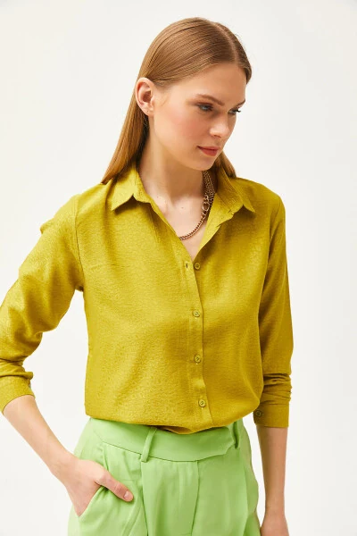 Kadın Leopar Yağ Yeşili Jakarlı Saten Detaylı Dokuma Gömlek GML-19001173-Leopar Yağ Yeşili - 6