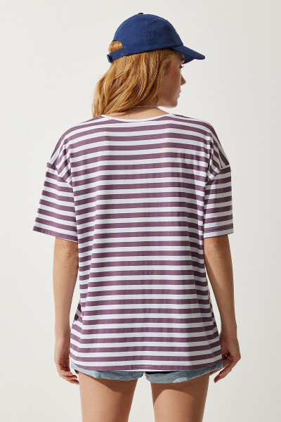 Kadın Leylak Bisiklet Yaka Çizgili Oversize Örme T-Shirt EN00609-Leylak - 7