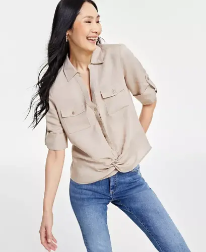 Women's Linen Twist-Hem Blouse, Created for Modazone - Toasted Twine 
