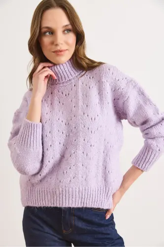 Kadın Lila Balıkçı Yaka Yumuşak Dokulu Triko Kazak KZK-19000892-Lila - 1