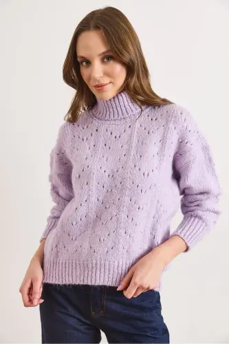 Kadın Lila Balıkçı Yaka Yumuşak Dokulu Triko Kazak KZK-19000892-Lila - 2