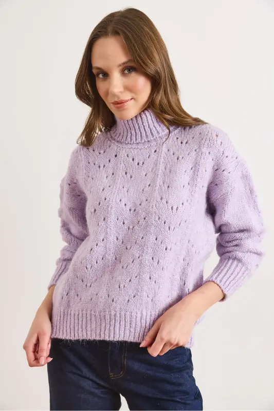 Kadın Lila Balıkçı Yaka Yumuşak Dokulu Triko Kazak KZK-19000892-Lila - 2